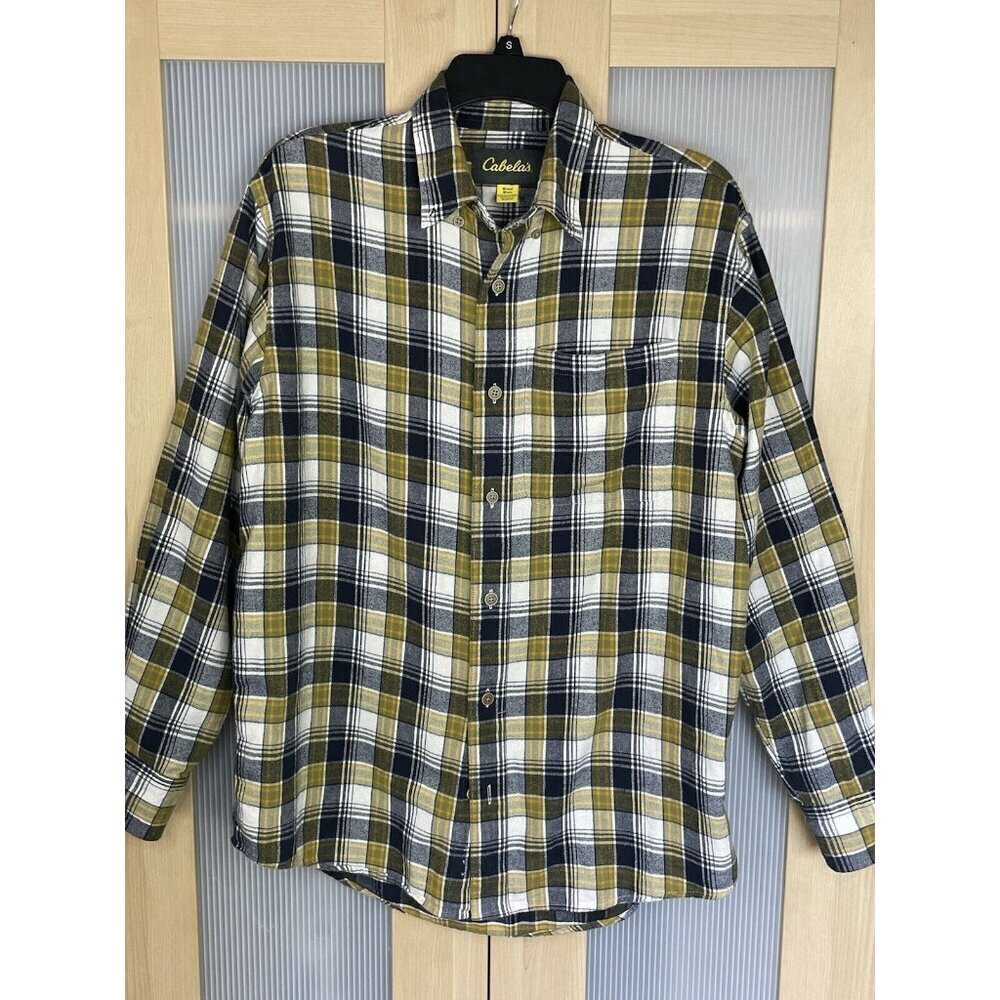 Cabelas Mens Sz‎ M Flannel Shirt Collared Button Down Plaid Blue Green Fall